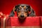 Close up portrait cute little adorable pedigree miniature Dachshund puppy hunting dog doggy positive curious expression