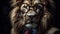 A close-up portrait of a dapper lion king wearing a sunglasses. Generative AI