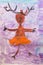 Close up. Portrait of a deer in a dress on a lilac background. Children`s drawing paints. Creative activities with children 4-5