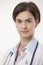 Close up portrait of female doctor in lab coat