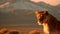 Close up portrait ferocious carnivore female lion, stare or looking at the camera at the mountain desert background with some copy