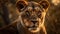 Close up portrait ferocious carnivore female lion, stare or looking at the camera at the savannah desert background