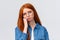 Close-up portrait gloomy unhappy redhead sad girl in glasses, teenager having bad day at college, leaning on hand