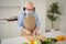 Close up portrait grey haired he his him grandpa hand arm knife cut down cucumber board make delicious dish cuisine