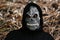Close-up portrait of grim reaper. Man in death mask with fire flame in eyes on nature brown pine forest floor background