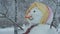 Close-up portrait of Happy funny snowman-woman, on background of a strong snowfall