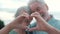 Close up portrait happy sincere middle aged elderly retired family couple making heart gesture with fingers, showing love or