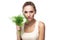 Close-up portrait of happy young woman with bundle herbs (dill)