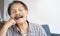 Close up portrait of healthy happy smile senior elderly Asian old man face