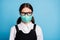Close-up portrait of her she nice attractive curious girl wearing reusable safe mask quarantine sickness prevention stay