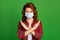 Close-up portrait of her she nice attractive foxy ginger gloomy wavy-haired girl in gauze mask showing crossed hands