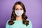 Close-up portrait of her she nice attractive healthy wavy-haired lady wearing safety mask stop pandemia contagious virus