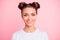 Close-up portrait of her she nice attractive lovable cute adorable winsome cheerful cheery girl with buns isolated over