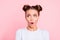 Close-up portrait of her she nice attractive lovable cute winsome cheerful amazed girl with buns opened mouth isolated