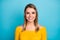 Close-up portrait of her she nice attractive lovely cute lovable pretty cheerful cheery lucky girl wearing yellow