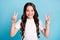 Close-up portrait of her she nice attractive lovely cute positive cheerful wavy-haired girl showing double v-sign having