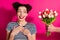 Close-up portrait of her she nice attractive lovely sweet glamorous cheerful cheery girl getting receiving flowers