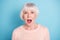 Close-up portrait of her she nice attractive lovely well-groomed stunned healthy gray-haired lady opened mouth