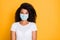 Close-up portrait of her she nice attractive wavy-haired girl wearing safety gauze mask mers cov contamination flue
