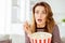 Close-up portrait of her she nice charming attractive worried wavy-haired girl watching see film fiction thriller in