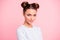 Close-up portrait of her she nice cute lovable lovely attractive winsome calm girl with buns isolated over pink pastel