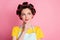 Close-up portrait of her she nice cute minded cheery brown-haired housewife creating solution isolated over pink pastel