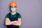 Close-up portrait of his he attractive healthy guy workman wearing safety gauze protective mask glasses mers cov