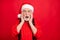 Close-up portrait of his he nice amazed stunned cheerful cheery glad bearded Santa showing omg expression isolated over