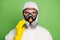 Close-up portrait of his he nice content serious disinfectant wearing touching fixing gas mask anti dust toxic pollution