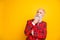 Close-up portrait of his he nice handsome attractive lovely pensive gray-haired man creating festive idea isolated over