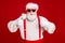 Close-up portrait of his he nice handsome cheerful cheery glad bearded Santa showing two double thumbup advice cool