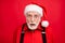 Close-up portrait of his he nice speechless stunned amazed bearded Santa Claus opened mouth reaction omg isolated over