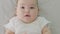 Close-up portrait a infant girl. The face of a Caucasian little girl lying on the bed. baby 6 mounth looking in camera.