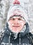 Close up portrait of man with frozen snowy face