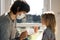 Close up portrait of man and little girl with medical masks