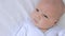 close-up of a portrait of a newborn baby in a crib. Lovely Caucasian little baby boy lying on the bed top view. The