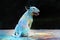 close-up portrait of a seated bull terrier in bright holi colors