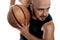 Close up portrait of serious basketball player on white background