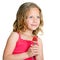 Close up portrait of sweet girl with candy rose.