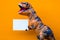 Close up and portrait of a t-rex holding a white paper to write your text here - dinosaur holding a copy space