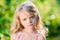 Close-up portrait of thoughtful little girl with long blond hair