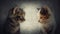 Close up portrait of two adorable kitten standing one in front another. Little cats looking curious each other isolated on a grey