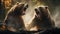 close-up portrait of two big brown bears fighting with mouthes open with teeth and paws with claws