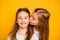 Close-up portrait of two nice adorable attractive lovely sweet cheerful cheery positive girlish girls having fun kissing