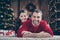 Close-up portrait of two nice attractive lovely charming cute idyllic cheerful cheery peaceful family daddy dad lying on