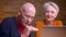 Close-up portrait of two senior gray-haired caucasian spouses talking in videochat on laptop being delighted in office.