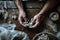 Close up of a potter\\\'s hands working in his workshop.