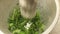 Close up pounding fresh herbs in a mortar with a pestle.