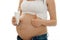 Close up of pregnant woman with glass of milks showing thumbs up isolated on white background