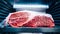 Close-up Premium Rare Sirloin Wagyu A5 beef with high-marbled texture that wrap with plastic inside refrigerator